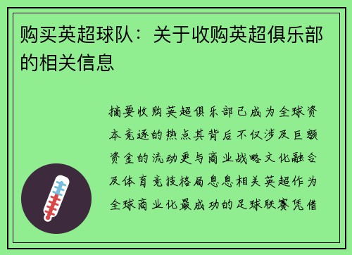 购买英超球队：关于收购英超俱乐部的相关信息